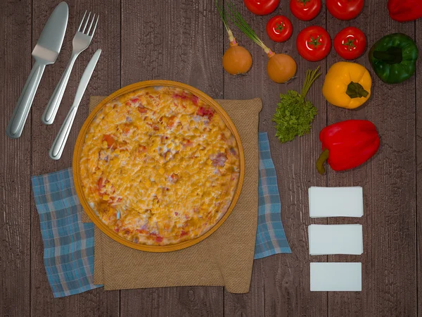 Mock up template pizza on a wooden table.