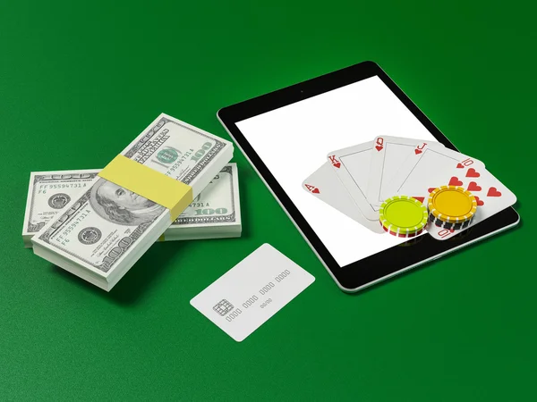 Karty i żetony do pokera na tabletki. — Zdjęcie stockowe