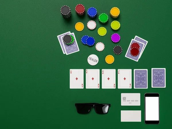 Cartões e fichas para poker na mesa verde — Fotografia de Stock