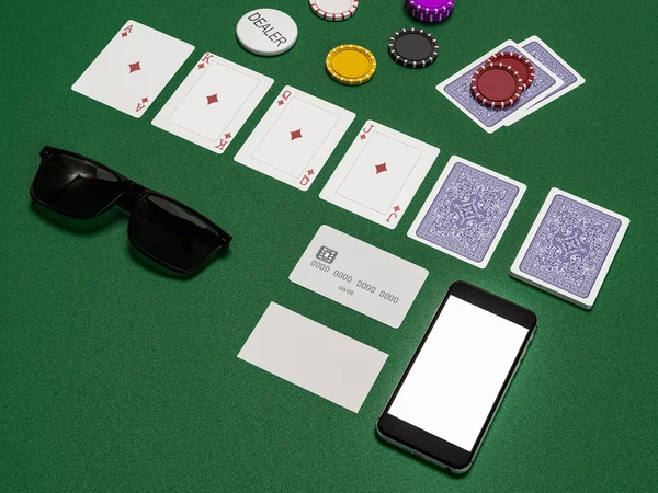 Cartões e fichas para poker na mesa verde — Fotografia de Stock