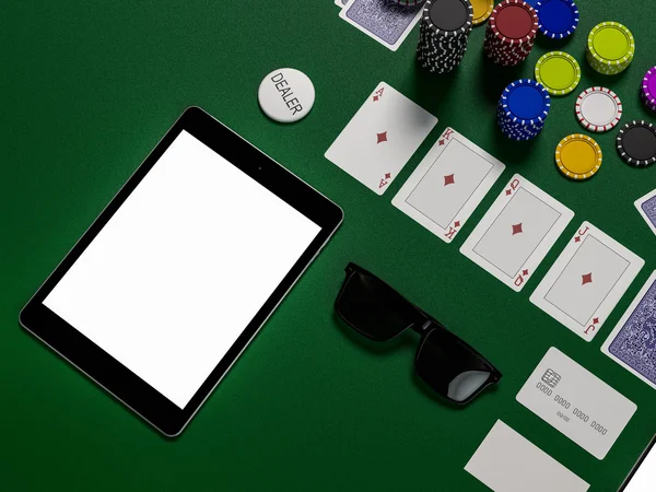 Carte e fiches per il poker sul tavolo verde — Foto Stock