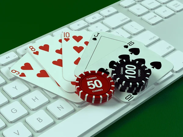 Cartões e fichas para poker no teclado . — Fotografia de Stock