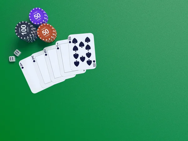 Cartões e fichas para poker na mesa verde — Fotografia de Stock