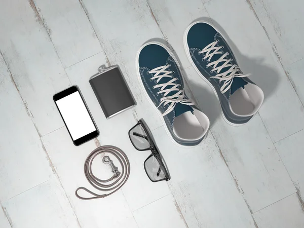 Every day carry man items collection: glasses, leash, sneakers. — Stock Photo, Image