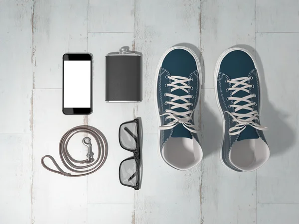 Every day carry man items collection: glasses, leash, sneakers. — Stock Photo, Image