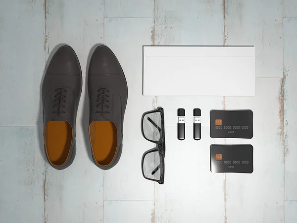 Every day carry man items collection: glasses, flash , shoes . — Stock Photo, Image