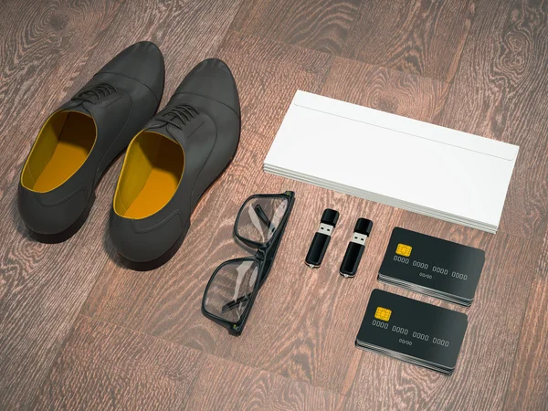 Every day carry man items collection: glasses, flash , shoes . — Stock Photo, Image