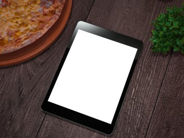 Şablon pizza ahşap bir masa üzerinde yukarı alay.