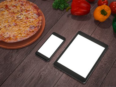 Şablon pizza ahşap bir masa üzerinde yukarı alay.