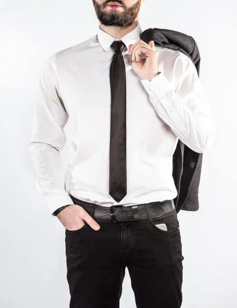 Hipster hombre en un traje clásico aislado sobre fondo blanco . — Foto de Stock