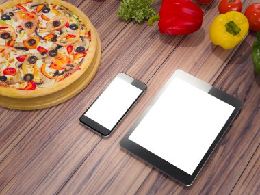 Şablon pizza ahşap bir masa üzerinde yukarı alay.