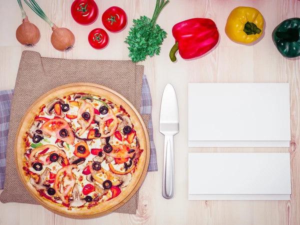 Mock up template pizza on a wooden table. — Stock Photo, Image