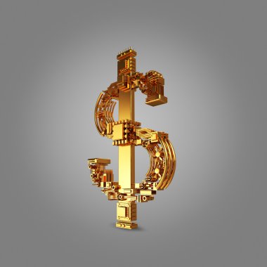 İş kavramı. Doları para birimi simgesi gri arka plan üzerinde mikroçip.