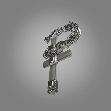 Business concept. Ruble symbol of microchips  on gray background.