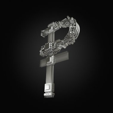 İş kavramı. Rublesi sembol siyah arka plan üzerinde mikroçip.