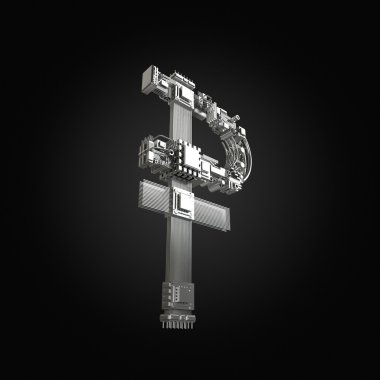 İş kavramı. Rublesi sembol siyah arka plan üzerinde mikroçip.