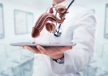 Doktor stetoskop ve bir hastane elinde penisinde