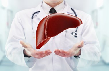 Doktor stetoskop ve ellerde bir hastanede karaciğer ile