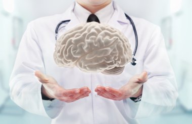 Doktor stetoskop ve ellerde bir hastanede beyin ile