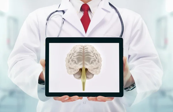 Doctor con estetoscopio en un hospital. Cerebro en la tableta  . — Foto de Stock