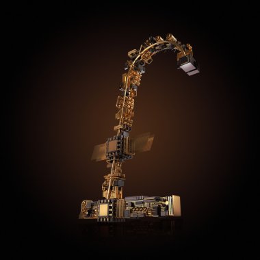 İş kavramı. Lirası para birimi simgesi siyah arka plan üzerinde mikroçip.  