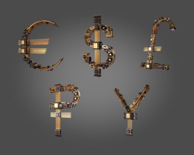 İş kavramı. Tüm para birimi simgesi gri arka plan üzerinde mikroçip.  