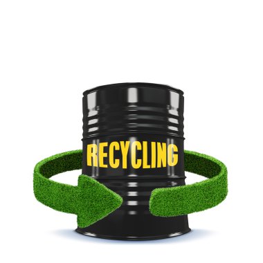 Tanque de combustível e setas verdes da grama. Reciclagem de isolamento de conceito em branco