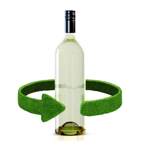 Bottles of wine and green arrows from the grass. Recycling concept isolation on white — 스톡 사진