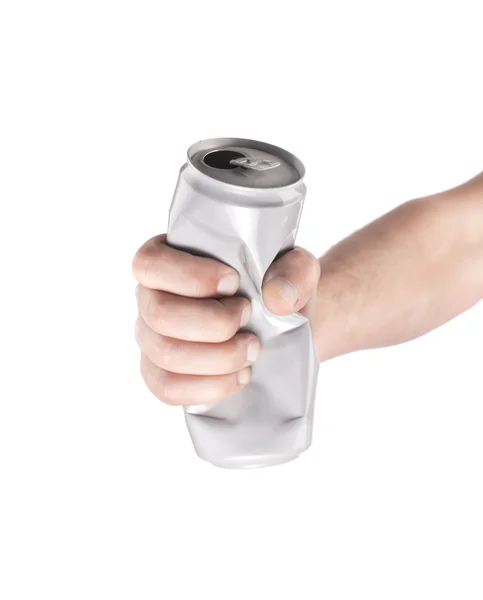 Hand with crumpled aluminum cans on a white background — Zdjęcie stockowe