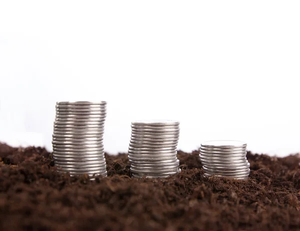 Stack of coins in the ground — Stock Photo, Image