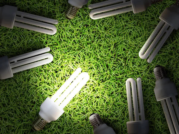 녹색 잔디에 에너지 절약 램프 — 스톡 사진