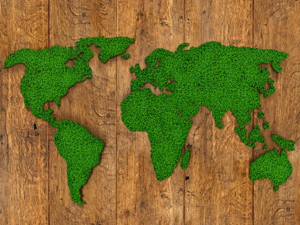 Fondo del mapa del mundo con campo de hierba y textura de madera — Foto de Stock