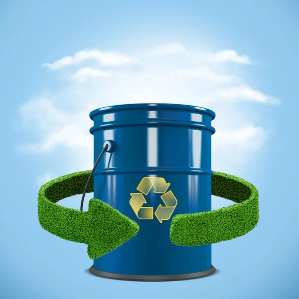 Fuel tank and green arrows from the grass. Recycling concept — Stockfoto