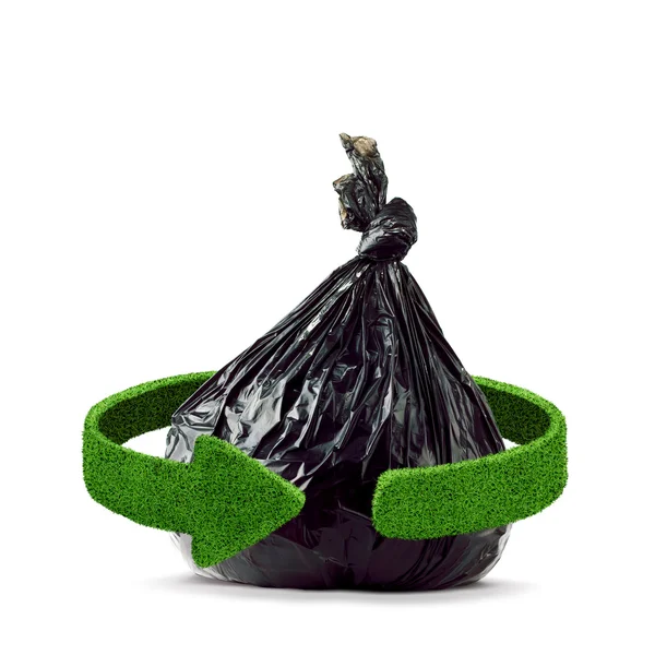 Garbage bag and green arrows from grass. Recycling concept isolation on white — Stockfoto