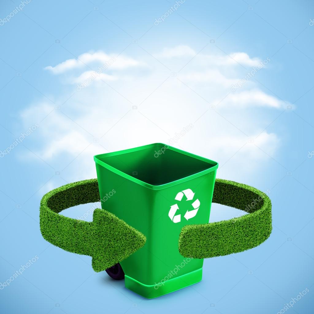 Green plastic trash recycling container ecology concept, with landscape background.