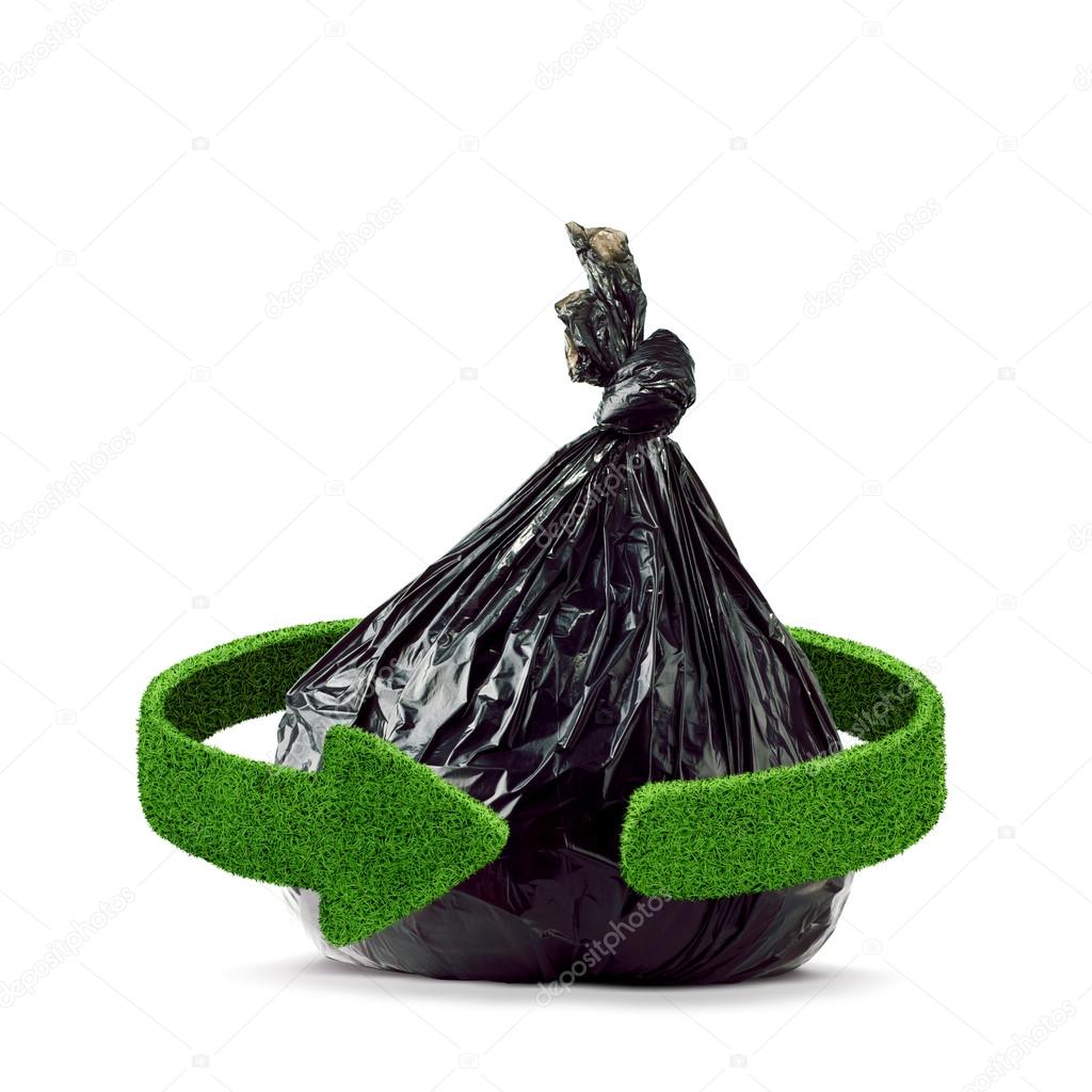 Garbage bag and green arrows from grass. Recycling concept isolation on white