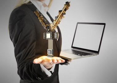 Dizüstü bilgisayar ve yenmoney genç iş kadını oturum el