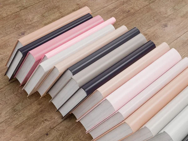 Puste kolor książki makieta szablon na tle drewna — Zdjęcie stockowe
