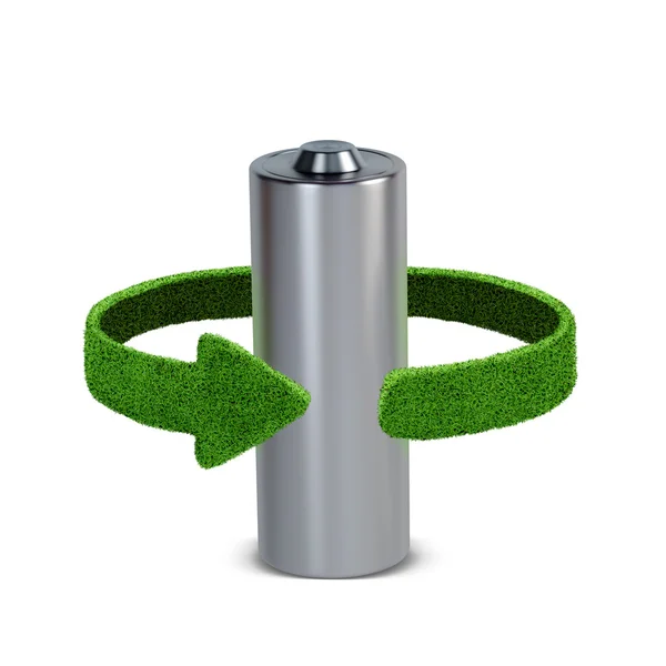 Recycling batteries and accumulators. Concept with green arrows from the grass. Recycling concept — Stock Photo, Image