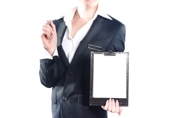 Geschäftsfrau mit Notizbuch isoliert auf weißem Hintergrund — Stockfoto