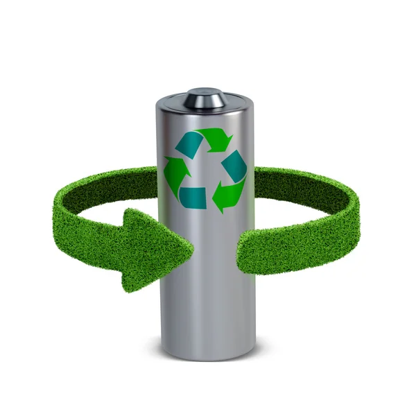 Переработка батарей и аккумуляторов. Концепция с зелеными стрелами из травы. Концепция переработки отходов — стоковое фото