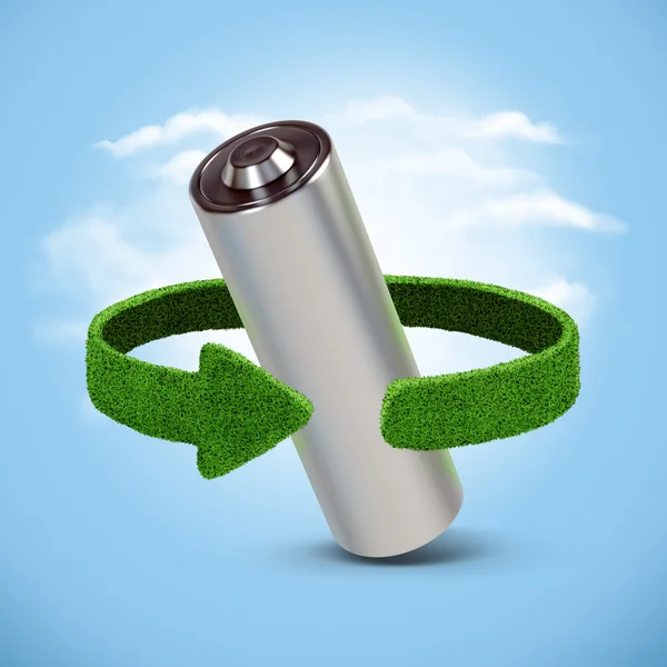 Recyklace baterií a akumulátorů. Koncept s zelené šipky z trávy. Recyklace koncepce — Stock fotografie