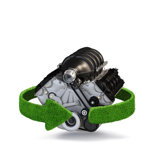 Auto motor motor koncepce s zelené šipky z trávy. Recyklace koncepce — Stock fotografie