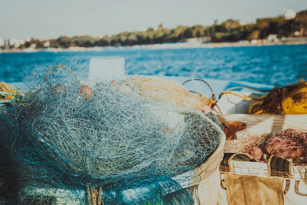 Fishing net in Cyprus, blue net with red floats — Stock Photo, Image