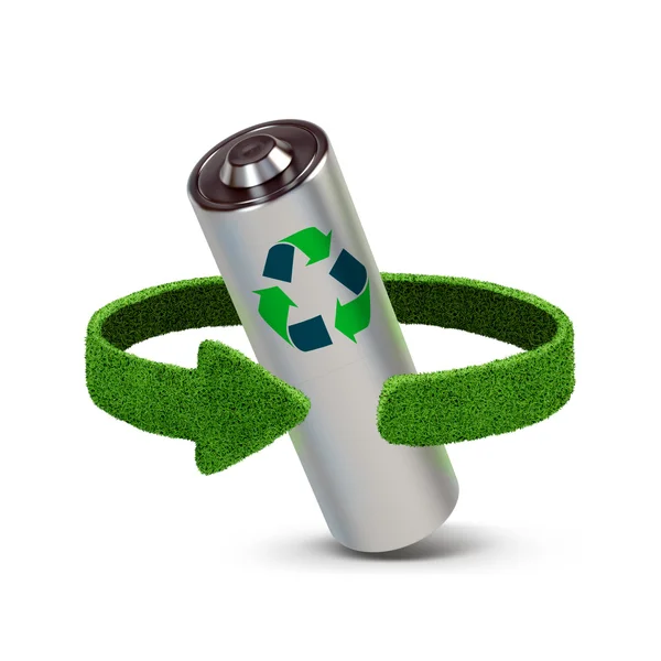 Pil ve akümülatörlerin geri dönüşüm. Çim yeşil oklarla kavramı. Geri dönüşüm kavramı