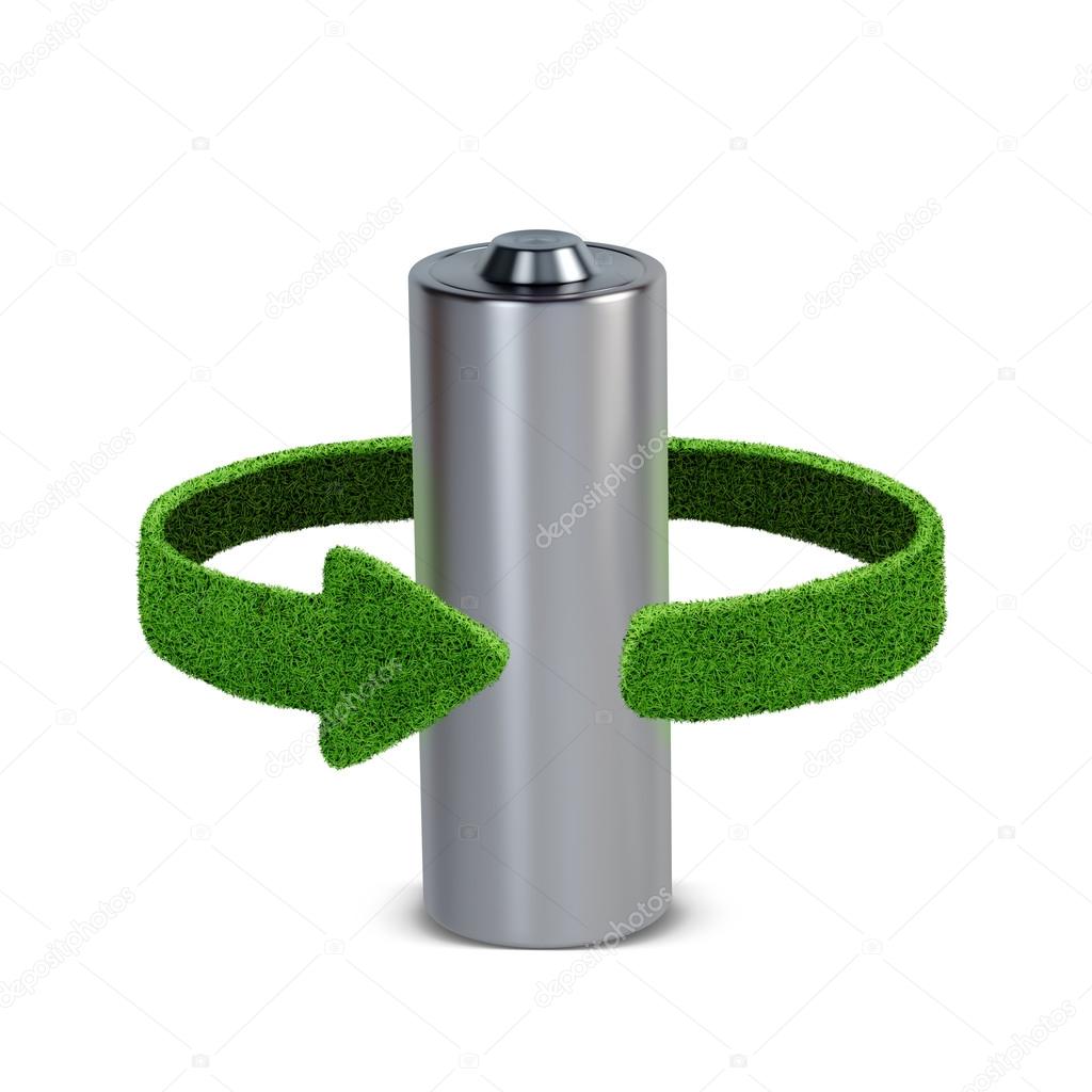 Recycling batteries and accumulators. Concept with green arrows from the grass. Recycling concept