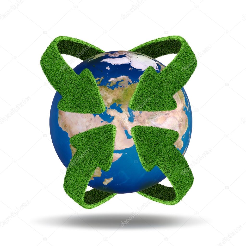 Green planet. Ecology concept. Concept with green arrows from the grass. Recycling concept