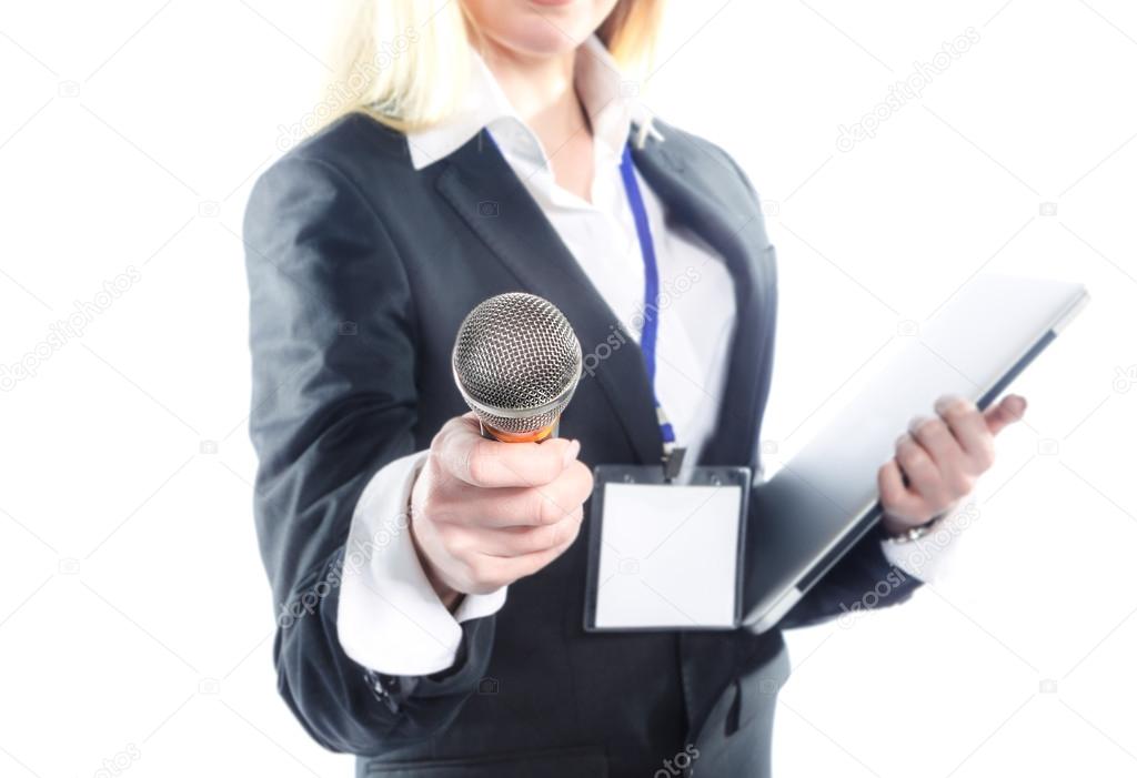 Woman with microphone isolated on white. Interview.