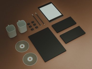 Mockup iş şablonu. Ahşap masa üzerinde öğeleri kümesi.