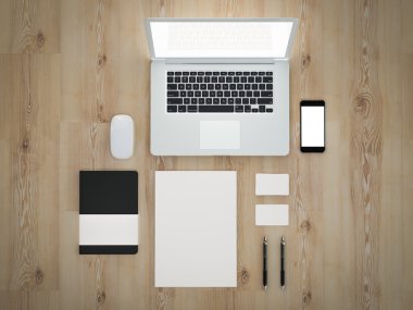 Mockup iş şablonu. Ahşap masa üzerinde öğeleri kümesi.